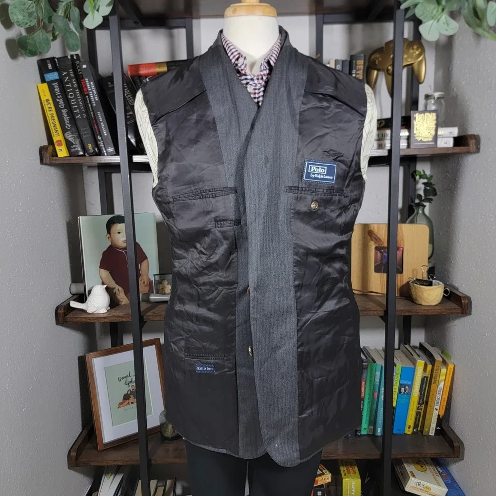 VTG Polo Ralph Lauren Men's Sport Coat‎ Two Button Gray Herringbone 46L ITALY